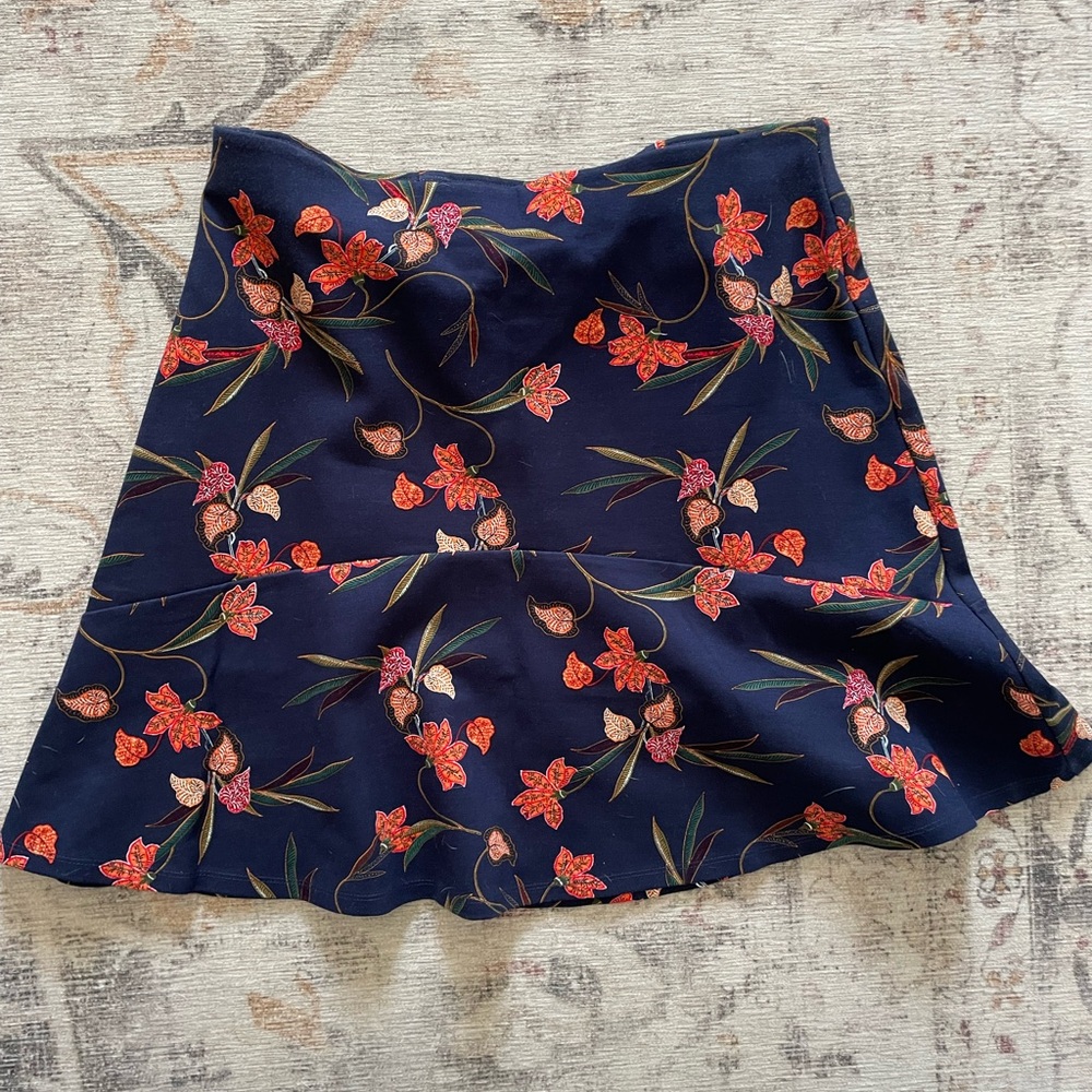 LOFT Navy and Red Floral Flounce Skirt